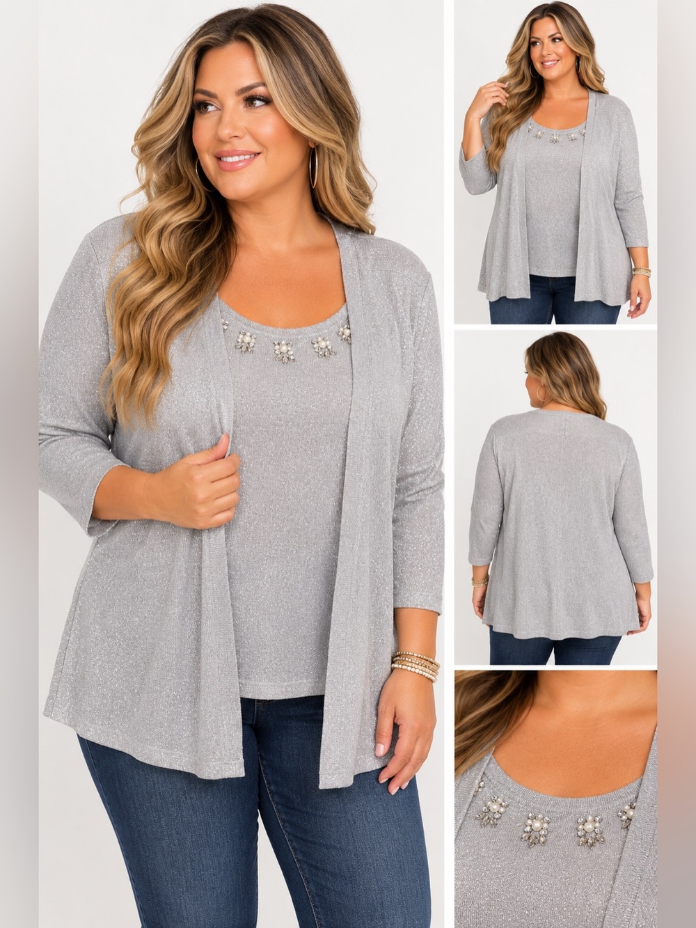 Cactus + Pearl Women's Silver Sparkly Embellished Cardigan and Tank Set size XL